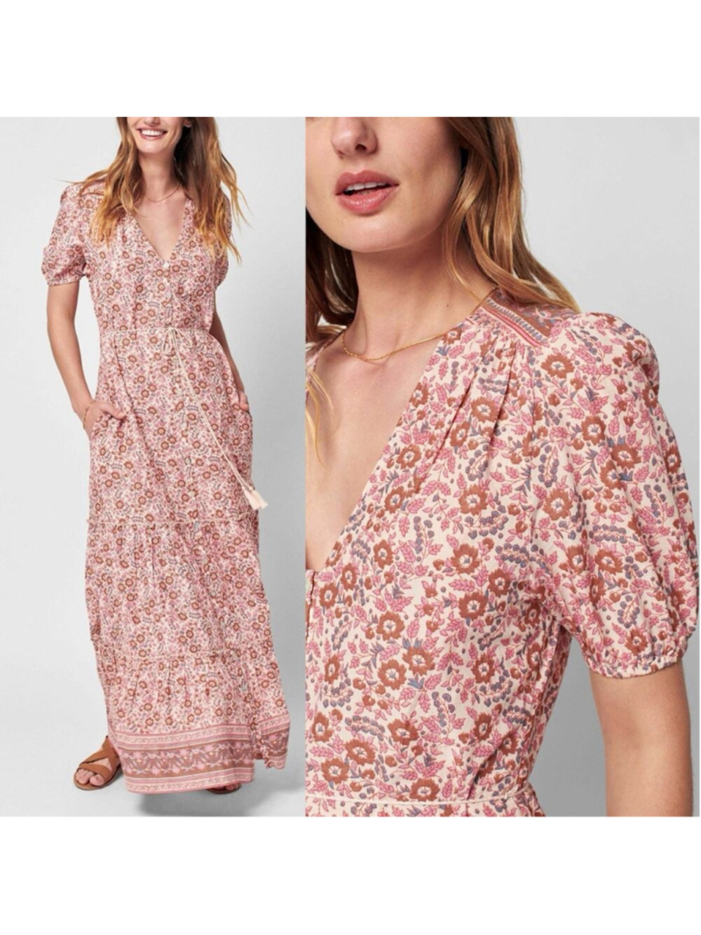 Faherty Orinda Boho Earth Block Floral Print Maxi Organic Cotton Dress XS